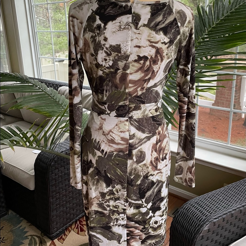Jennifer Lopez Long Sleeve Floral Print Dress in Olive, Brown, Cream